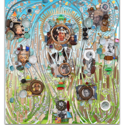 Lillian Blades, African Queens, 2021, 24 x 22 inches, Mixed media assemblage on wood panel.